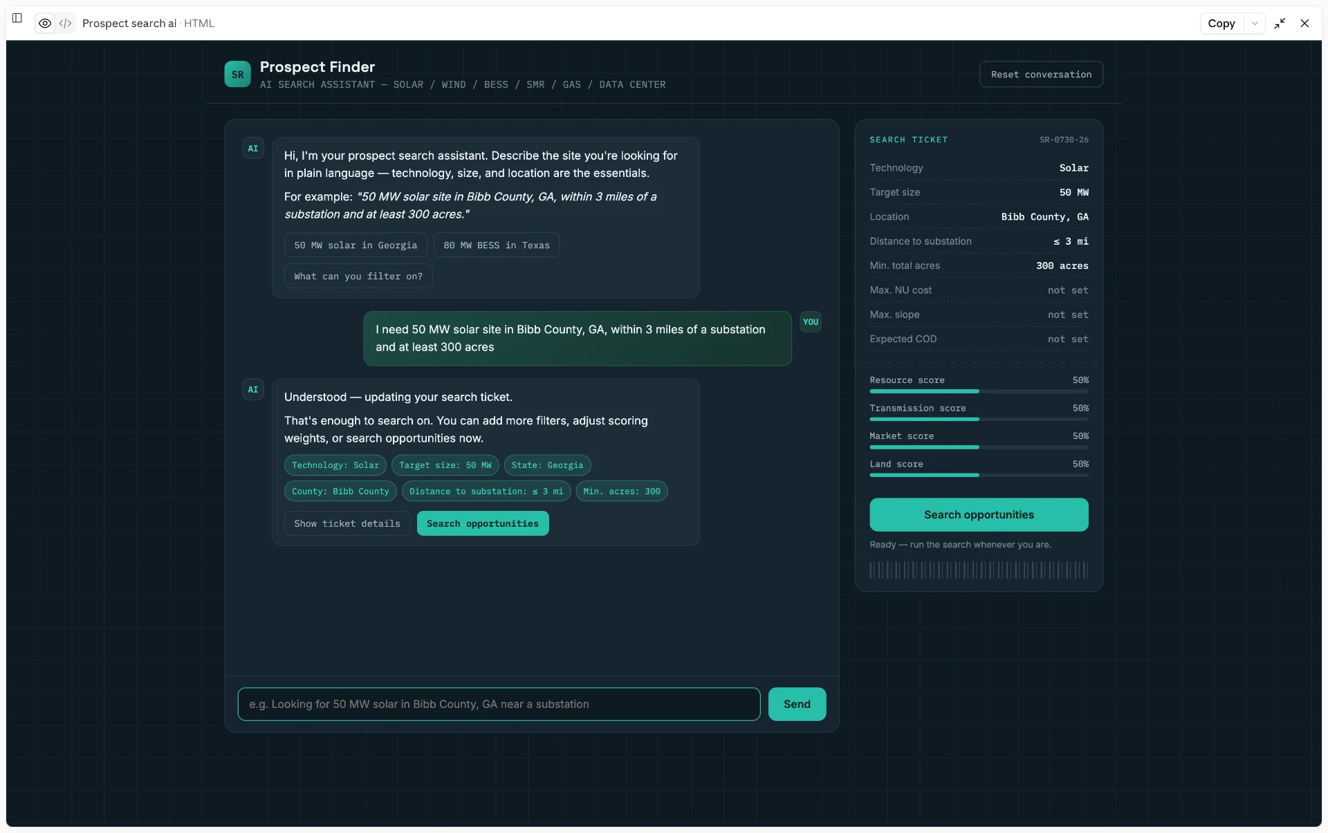 Prospect Finder AI search assistant concept showing a conversational interface for renewable energy site discovery with a structured search ticket and scoring metrics