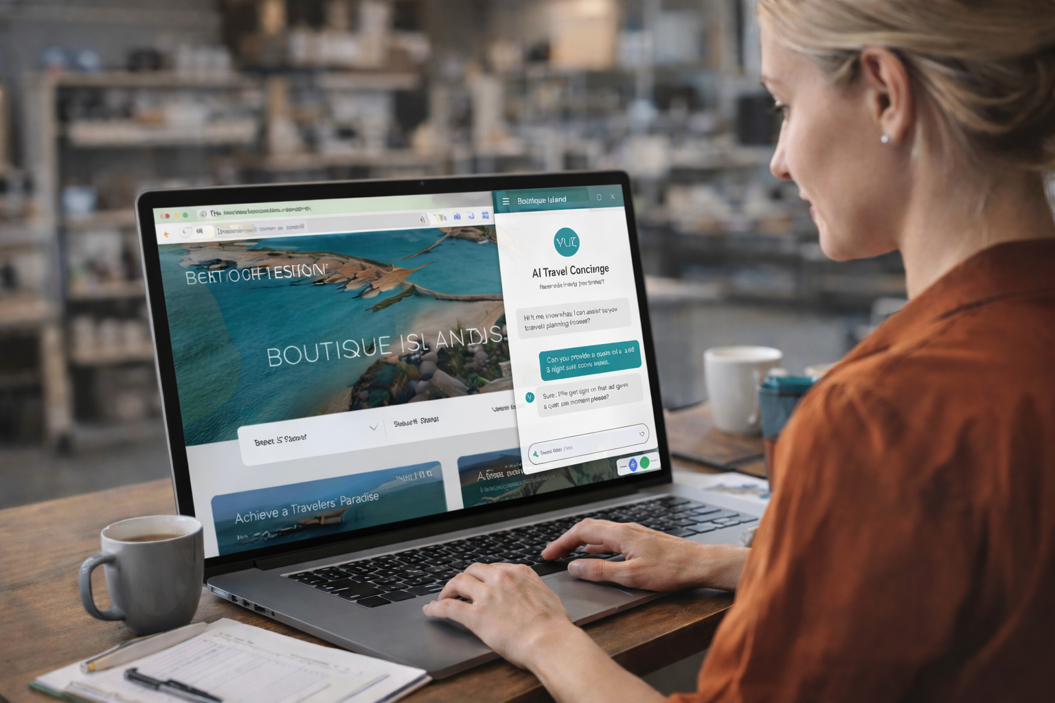 AI Travel Concierge chat interface on a laptop showing conversational lead capture and quote assistance