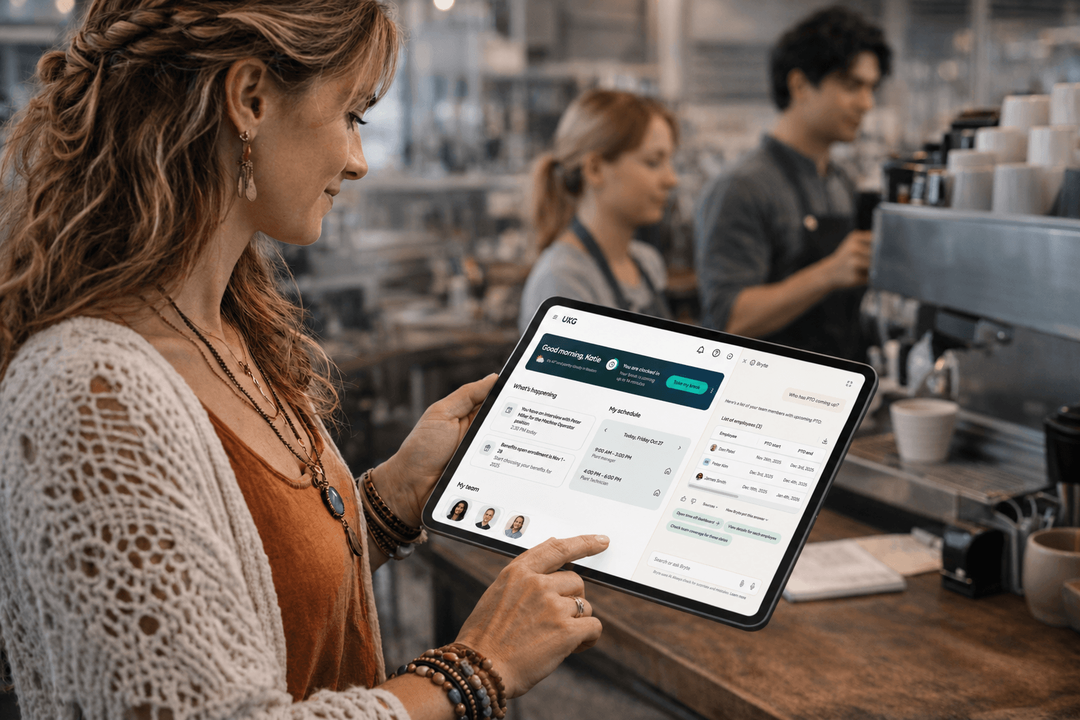 AI Workforce Assistant hero showing a frontline manager using conversational AI on a tablet